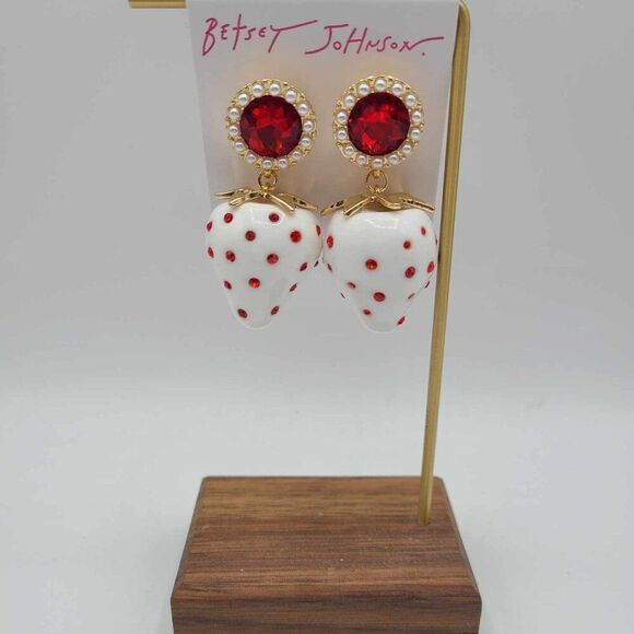 Betsey Johnson White Red Enamel Strawberry Red Crystal Earrings NWT! - Picture 8 of 8